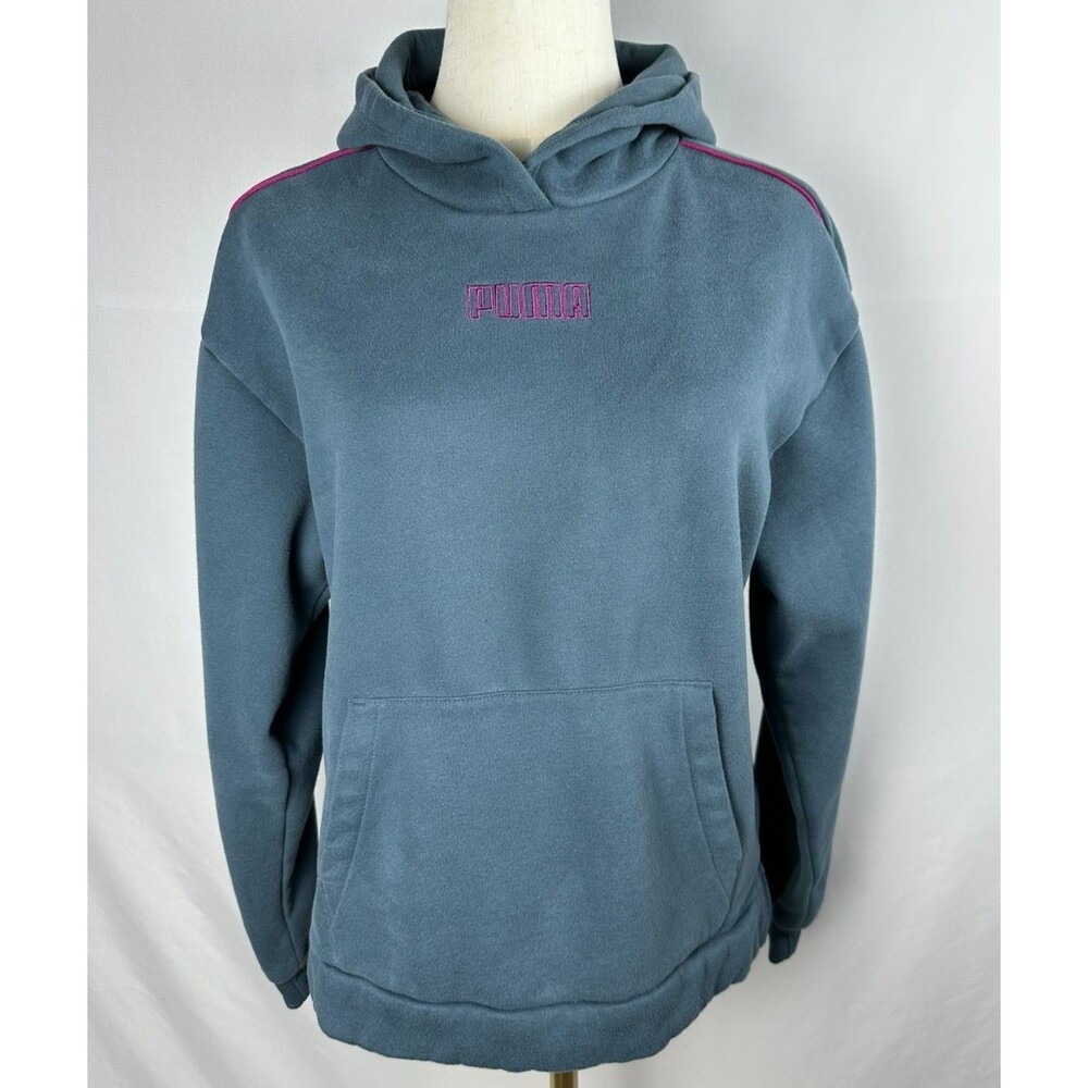 Puma Womens Hoodie‎ Teal Blue Pullover Pink Logo Kangaroo Pocket Size M